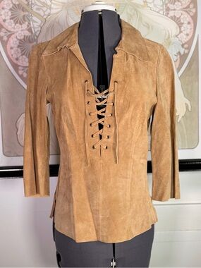 Vintage 90s Y2K Brown Tan Suede Leather Lace Up Quarter Sleeve Shirt Blouse Top